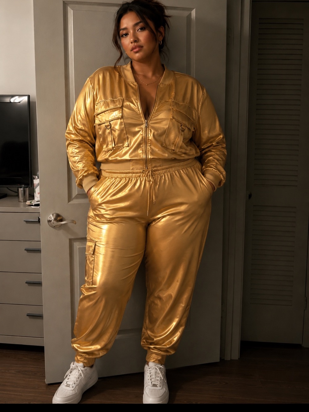 Ashley Stewart Gold Satin Cargo Jogger Set - Women's Pants & Jacket